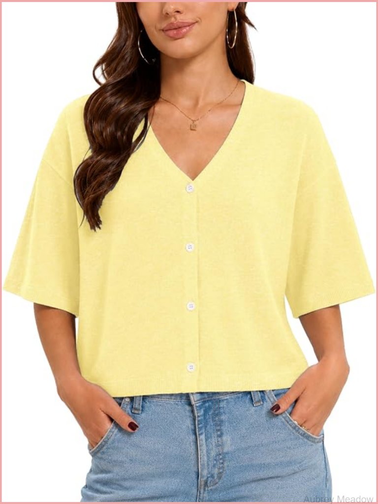 Womens Oversized Cropped Short Sleeve Cardigan V Neck Button Down Lightweight